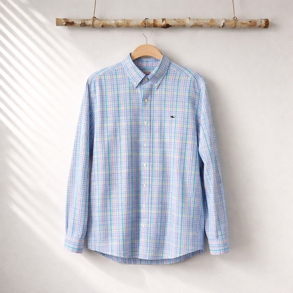 Vineyard Vines Slim Fit Whale Shirt Mens Medium Plaid Cotton Button‎ Down Pastel